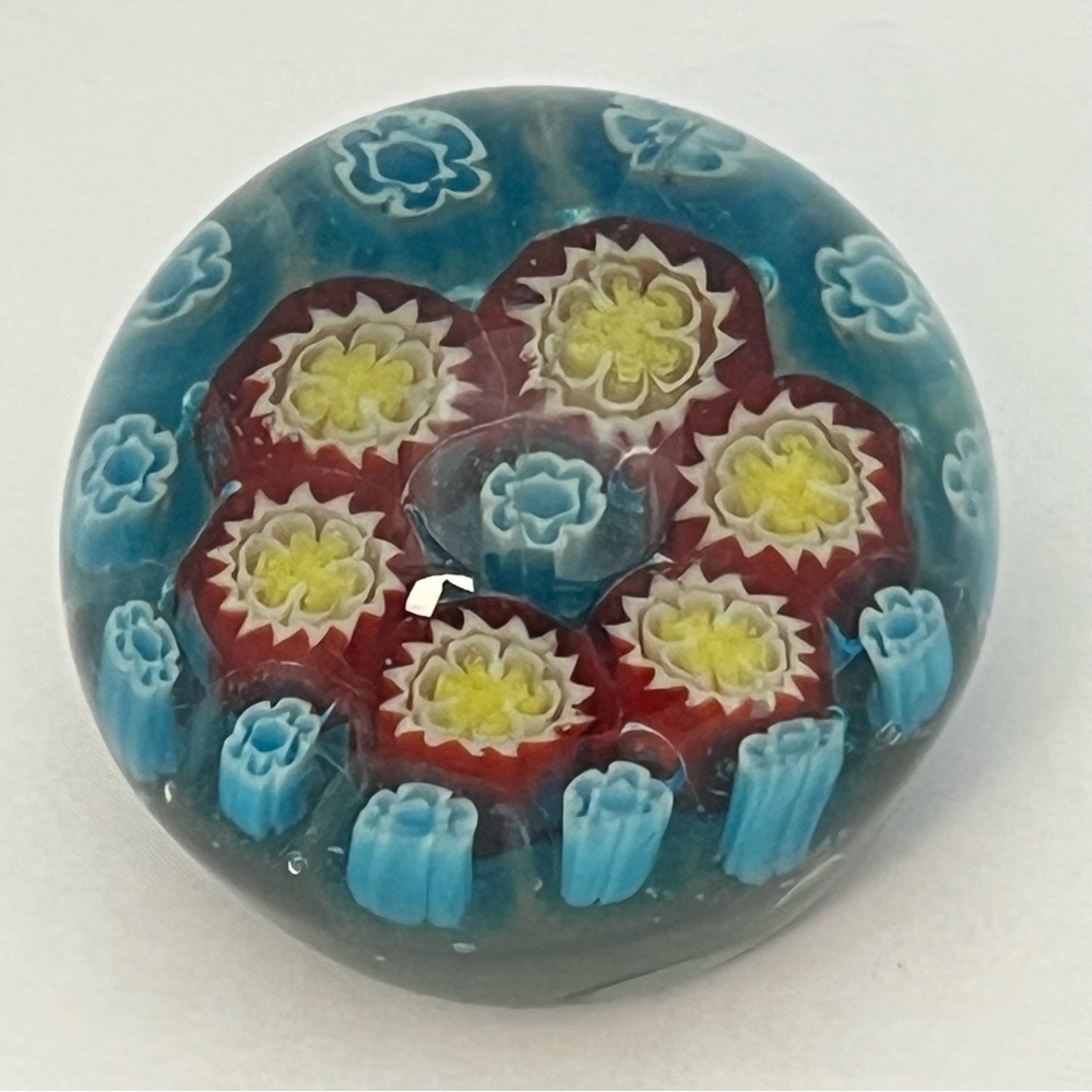 Small Vintage Art Glass Millefiori Murano Style Paperweight Red Blue Yellow - Picture 1 of 14